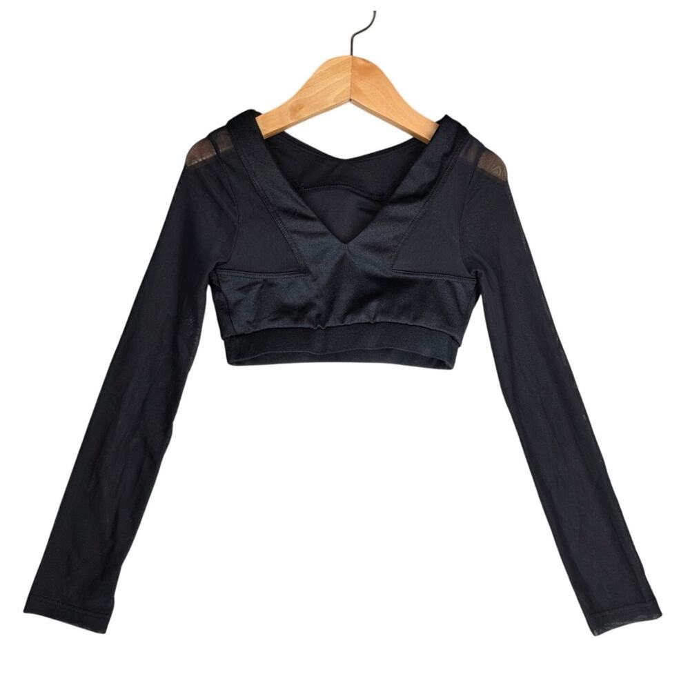 WEISSMAN GIRL'S BLACK LONG SLEEVE MESH SHOULDER CROP TOP DANCEWEAR SIZE IC (6-8)